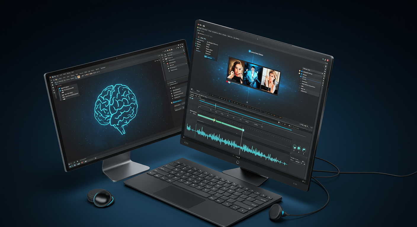 Create an image illustrating AI-powered features for effortless editing within Movavi Video Suite 2025, highlighting advanced functionalities such as automatic subtitle generation, noise removal, background swapping, and smart object recognition. The design should feature a sleek digital interface with visual elements like an AI brain icon, video editing timelines, audio waveforms, and intuitive editing tools, emphasizing ease of use and efficiency. Incorporate representations of seamless creativity, such as a video clip transforming with filters or a simplified editing process, set against a professional blue and silver color scheme. The background should reflect a modern, tech-savvy creative workspace, appealing to users seeking an intuitive and powerful multimedia editing experience.